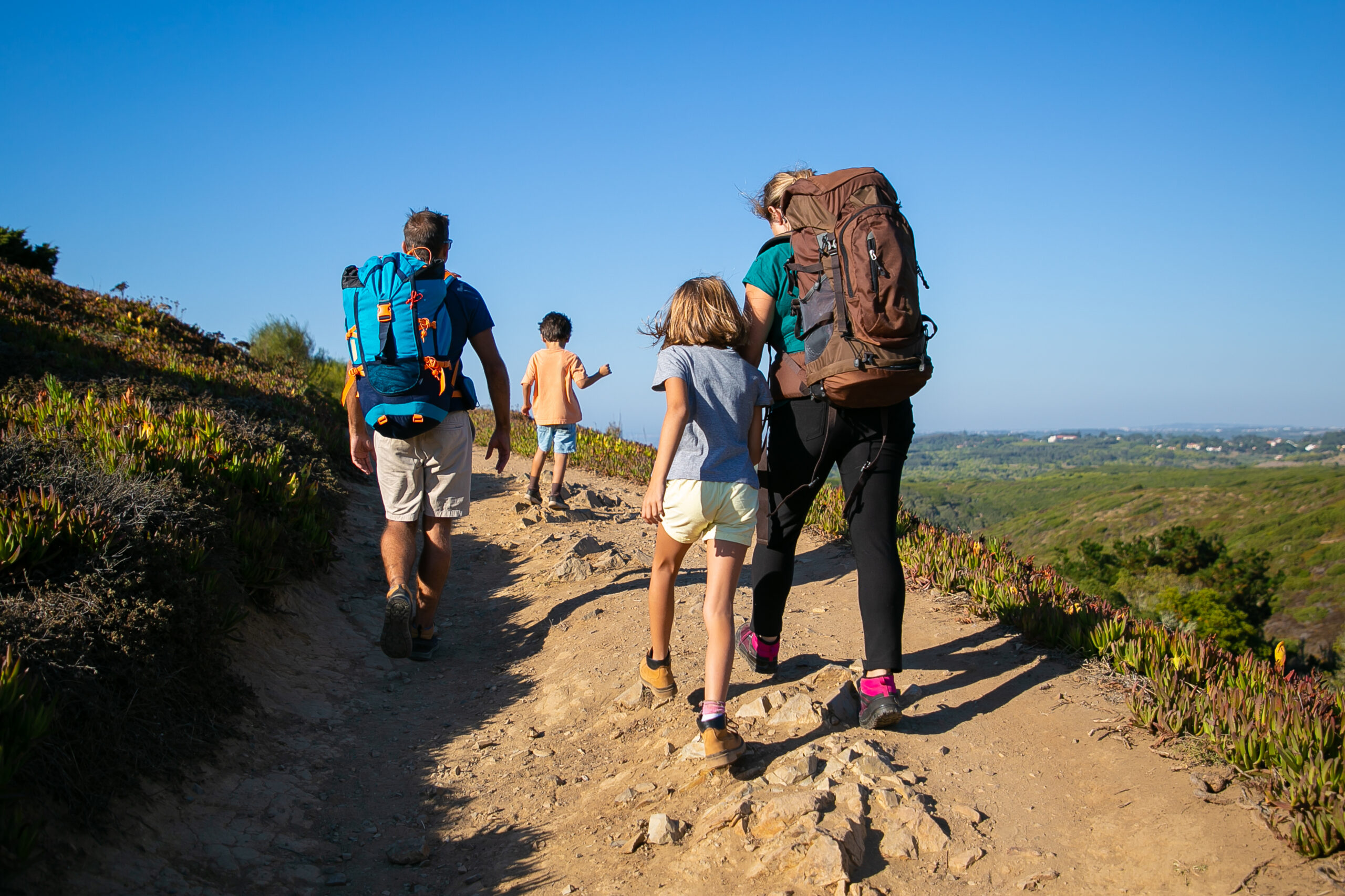 Family of travelers with backpacks walking on track. Parents and two kids hiking outdoors. Back view. Active lifestyle or adventure tourism concept